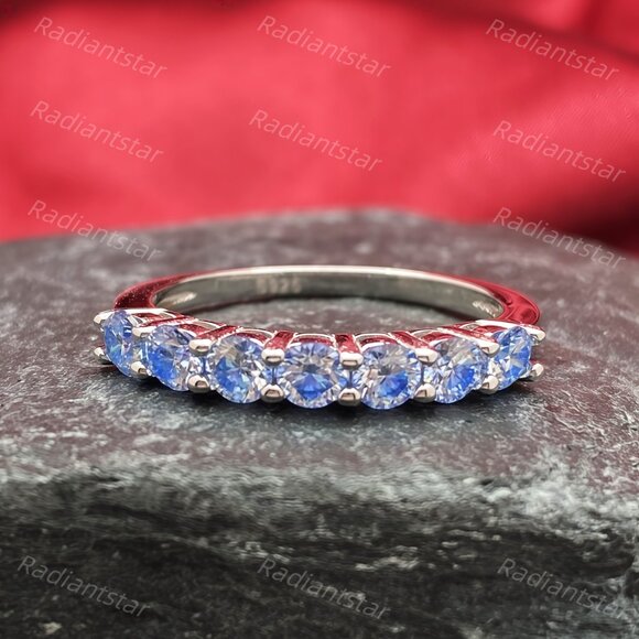 NEW Certified 3mm Royal Blue Moissanite 7 Stone Half Eternity Band Ring - Picture 1 of 11